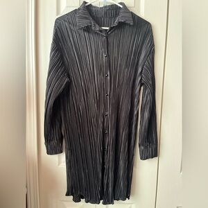 Black Pleated Button-Up Shirt Dress